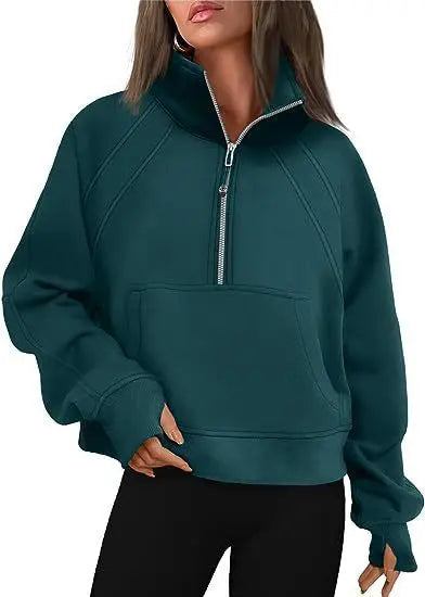 Women Sweatshirt  Stand Collar Spring Autumn Solid Color Hoodie Long Sleeve Pocket Loose Half Zip Sporty Pullover Streetwear Top