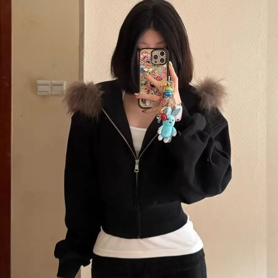 Black Fur Collar Zipper Sweatshirt Simple Fashion Furry Collar Zipper Hooded Sweatshirt Vintage Y2k Zipper Hooded Sweatshirt