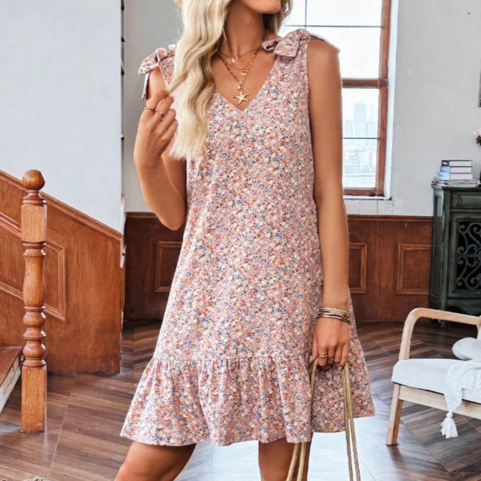 Fashion Floral Dresses for Women Elegant V-neck Bow Vest Dress Casual Loose Ruffle Summer Dress Loose Knee-length Dress
