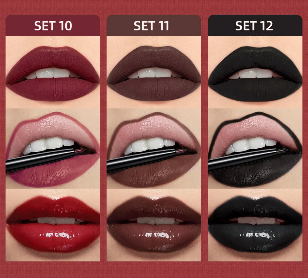 3pcs Matte Liquid Lipstick+Lip Liner Set Lip Glaze Makeup Nude Black Red Velvet Lip Gloss Long Lasting Lip Tint Cosmetics Kits