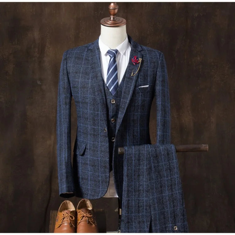 Formal Groom Wear 3 Piece (Blazer+ Vest + Pants) Men's Suit Fashion Business Gentleman Wedding Casual Plaid Cotton Linen Jacket