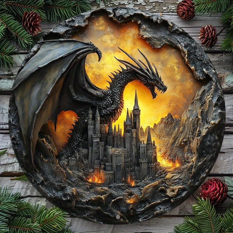 2D Round Wooden Plane Sign Art Dark Dragon Decorative Plates Entrance Gift Drangon Theme for Bar Club Home Room Wall Decor