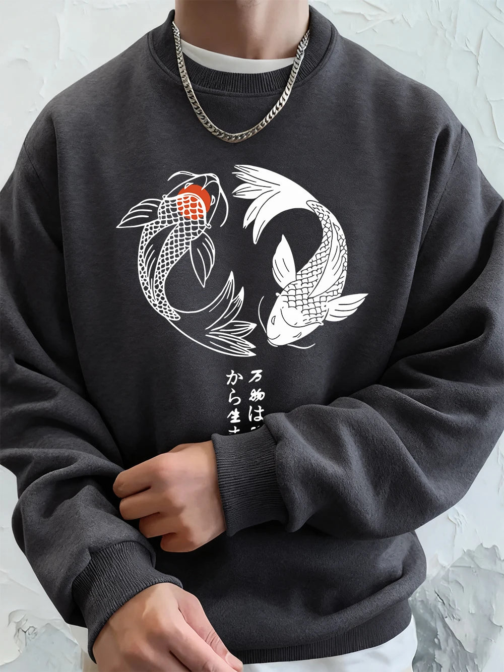 Japanese Koi Harajuku Printed Mens Sweatshirt Winter Crewneck Hoodies Street Fleece Warm Loose Streetwears Casual Men'S Clothes