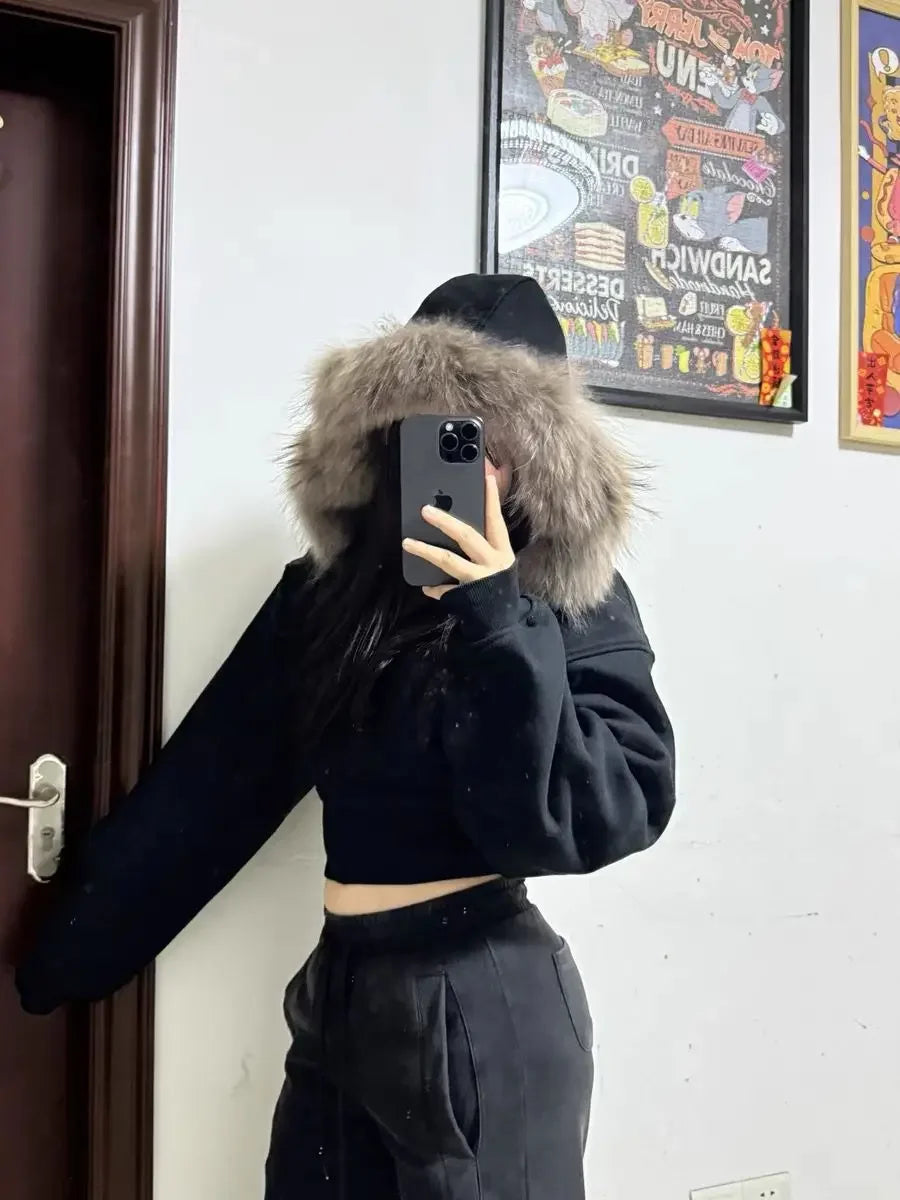 Black Fur Collar Zipper Sweatshirt Simple Fashion Furry Collar Zipper Hooded Sweatshirt Vintage Y2k Zipper Hooded Sweatshirt