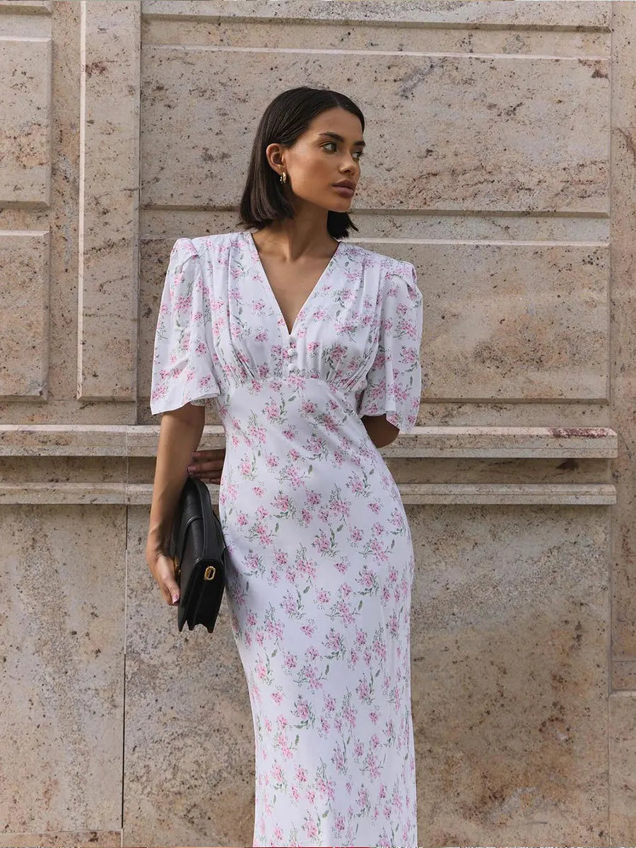 New Summer Women's Printed Short Sleeved Long Dress,Casual Dress,Woman's Clothing,Floral Dresses,White Dresses