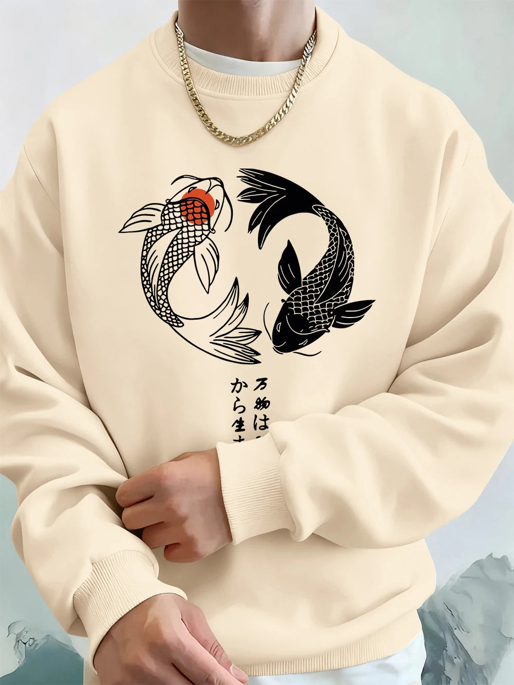 Japanese Koi Harajuku Printed Mens Sweatshirt Winter Crewneck Hoodies Street Fleece Warm Loose Streetwears Casual Men'S Clothes