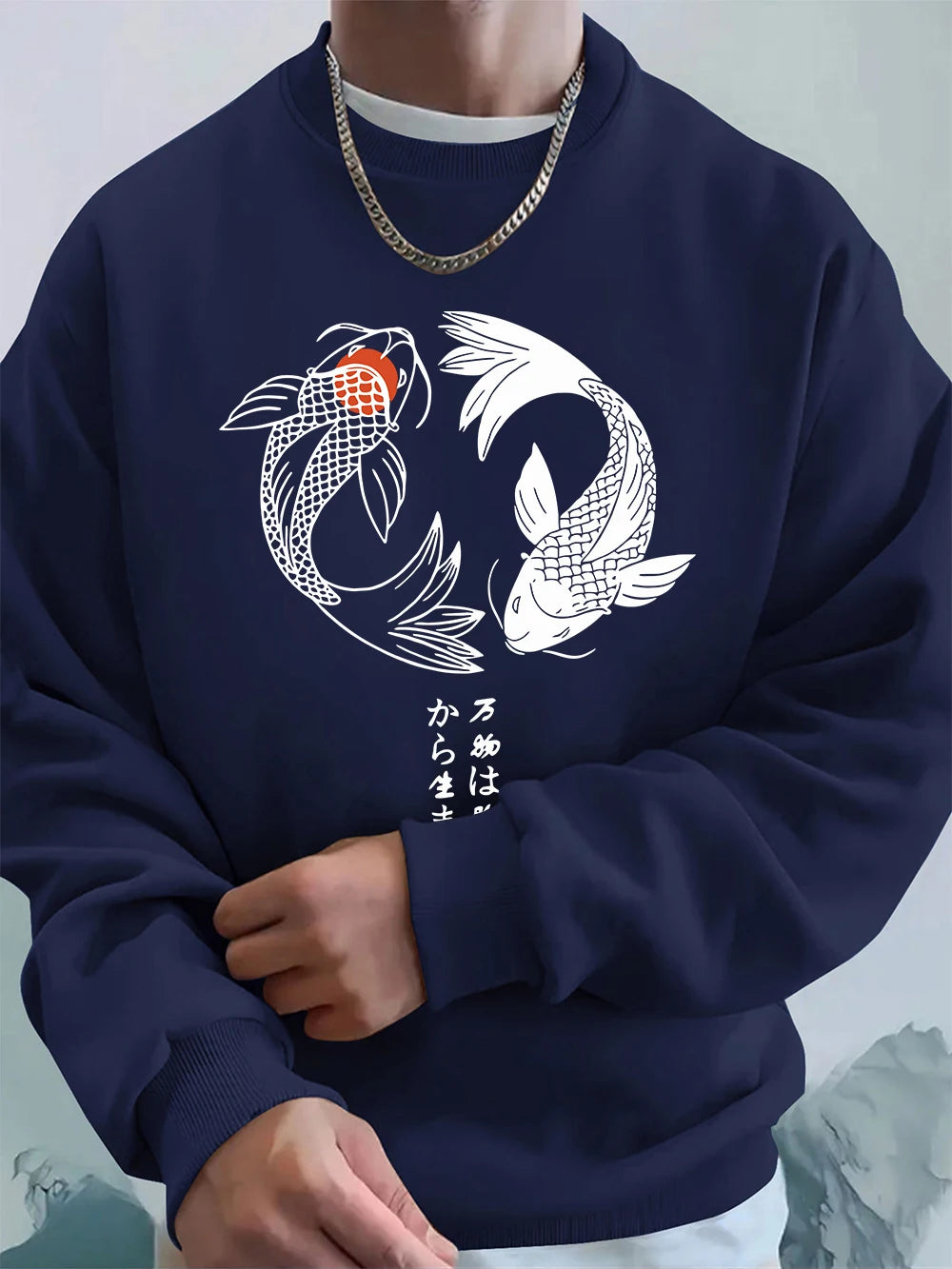 Japanese Koi Harajuku Printed Mens Sweatshirt Winter Crewneck Hoodies Street Fleece Warm Loose Streetwears Casual Men'S Clothes