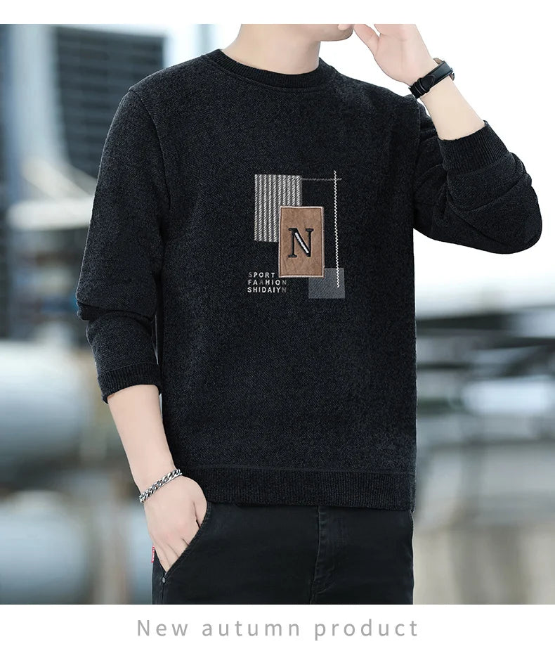 Mens Fashion Sweater Thick Fleeced Top Clothes Casual Pullovers  Jumpers Autumn Winter Men's Clothes