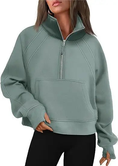 Women Sweatshirt  Stand Collar Spring Autumn Solid Color Hoodie Long Sleeve Pocket Loose Half Zip Sporty Pullover Streetwear Top