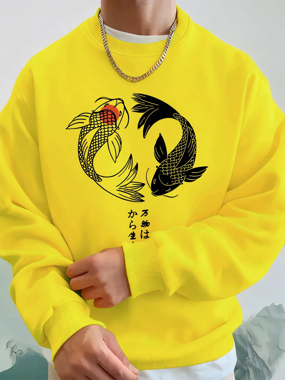 Japanese Koi Harajuku Printed Mens Sweatshirt Winter Crewneck Hoodies Street Fleece Warm Loose Streetwears Casual Men'S Clothes
