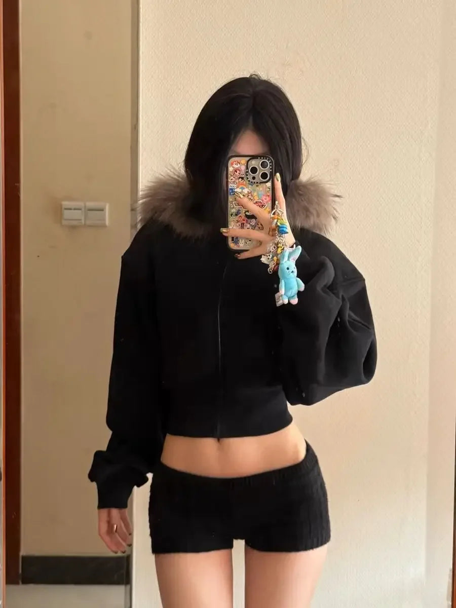 Black Fur Collar Zipper Sweatshirt Simple Fashion Furry Collar Zipper Hooded Sweatshirt Vintage Y2k Zipper Hooded Sweatshirt