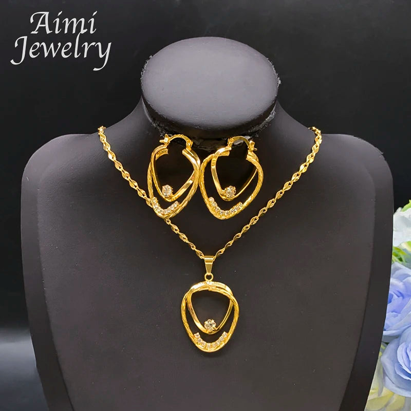 Cute Simple Pendant Necklace Golden Hoop Earrings 2Pcs Jewelry Set for Women Dubai Bridal Wedding Party Valentine's Day Gifts