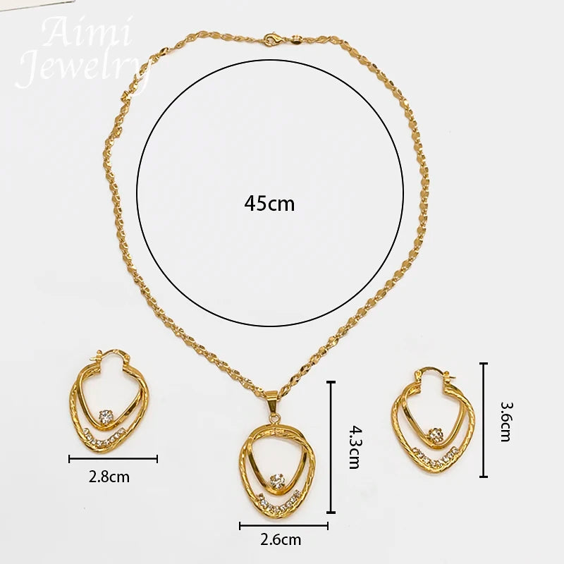 Cute Simple Pendant Necklace Golden Hoop Earrings 2Pcs Jewelry Set for Women Dubai Bridal Wedding Party Valentine's Day Gifts