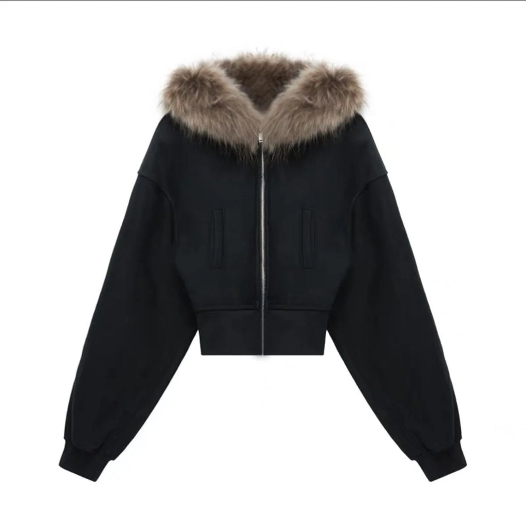 Black Fur Collar Zipper Sweatshirt Simple Fashion Furry Collar Zipper Hooded Sweatshirt Vintage Y2k Zipper Hooded Sweatshirt