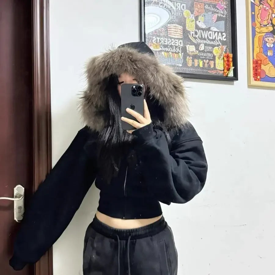 Black Fur Collar Zipper Sweatshirt Simple Fashion Furry Collar Zipper Hooded Sweatshirt Vintage Y2k Zipper Hooded Sweatshirt