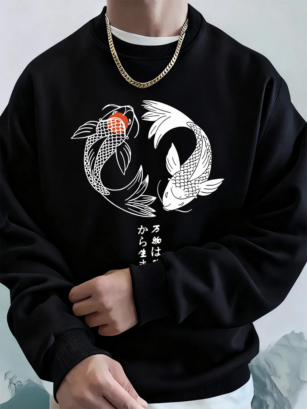 Japanese Koi Harajuku Printed Mens Sweatshirt Winter Crewneck Hoodies Street Fleece Warm Loose Streetwears Casual Men'S Clothes
