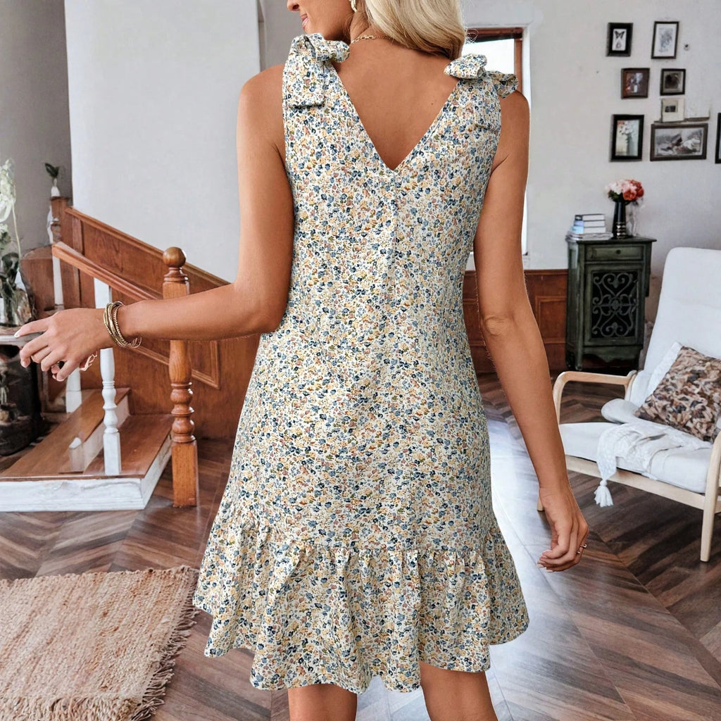 Fashion Floral Dresses for Women Elegant V-neck Bow Vest Dress Casual Loose Ruffle Summer Dress Loose Knee-length Dress