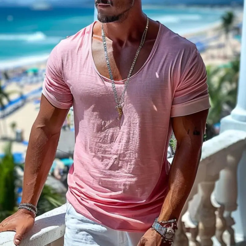 Mens Plain T-Shirt Holiday Essential Lightweight Breathable Cotton Comfortable Casual Summer Beach Resort Wear