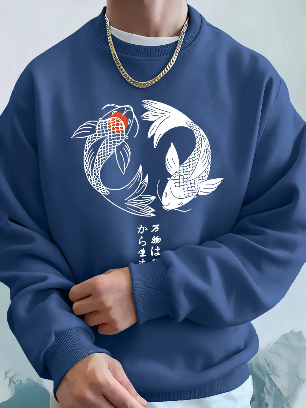 Japanese Koi Harajuku Printed Mens Sweatshirt Winter Crewneck Hoodies Street Fleece Warm Loose Streetwears Casual Men'S Clothes