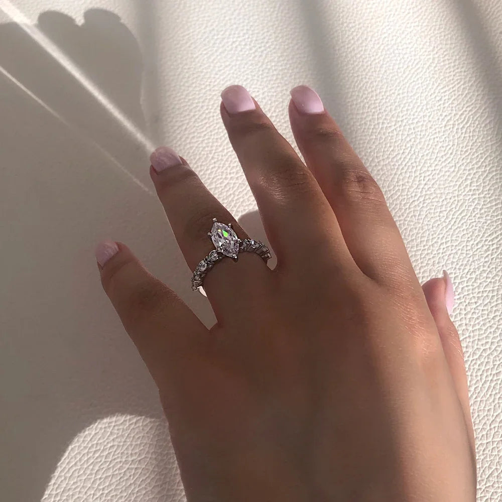 Moonso Arrival Adjustable Silver Color Marquise Engagement Wedding Ring for Women Valentine's Day Gift Jewelry Wholesale R8406
