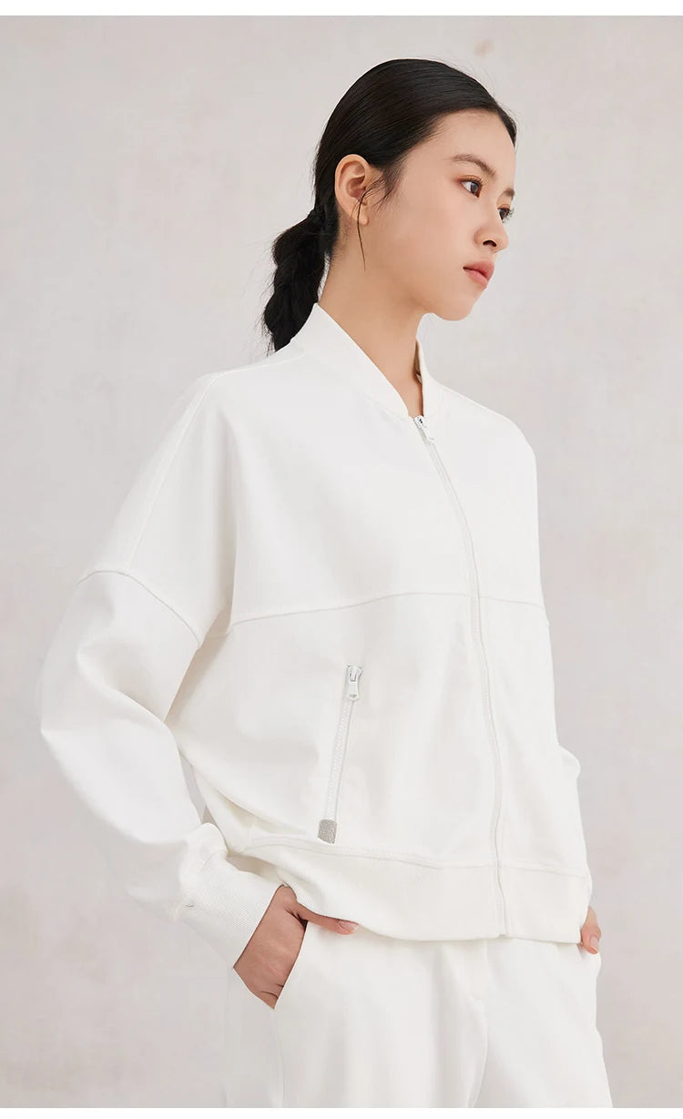 K3061W Spring High Quality Woman's Clothing 96% Combed Cotton Hooded Zipper Sweatshirt Jacket