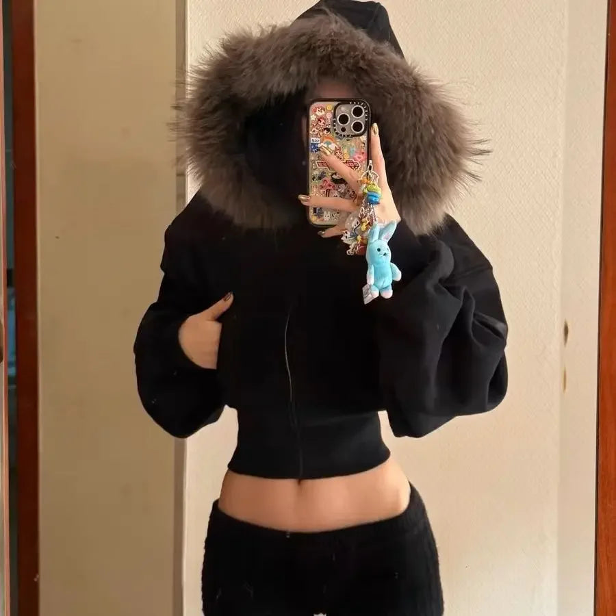 Black Fur Collar Zipper Sweatshirt Simple Fashion Furry Collar Zipper Hooded Sweatshirt Vintage Y2k Zipper Hooded Sweatshirt