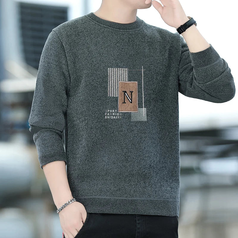Mens Fashion Sweater Thick Fleeced Top Clothes Casual Pullovers  Jumpers Autumn Winter Men's Clothes