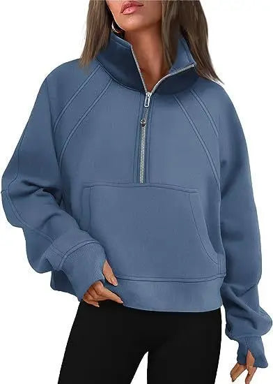 Women Sweatshirt  Stand Collar Spring Autumn Solid Color Hoodie Long Sleeve Pocket Loose Half Zip Sporty Pullover Streetwear Top