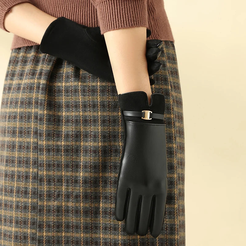1 Pair of Gloves for Women in Winter Fleece-Lined to Heattech and Touch Screen Pu Elegant and Exquisite Cycling and Driving Gloves