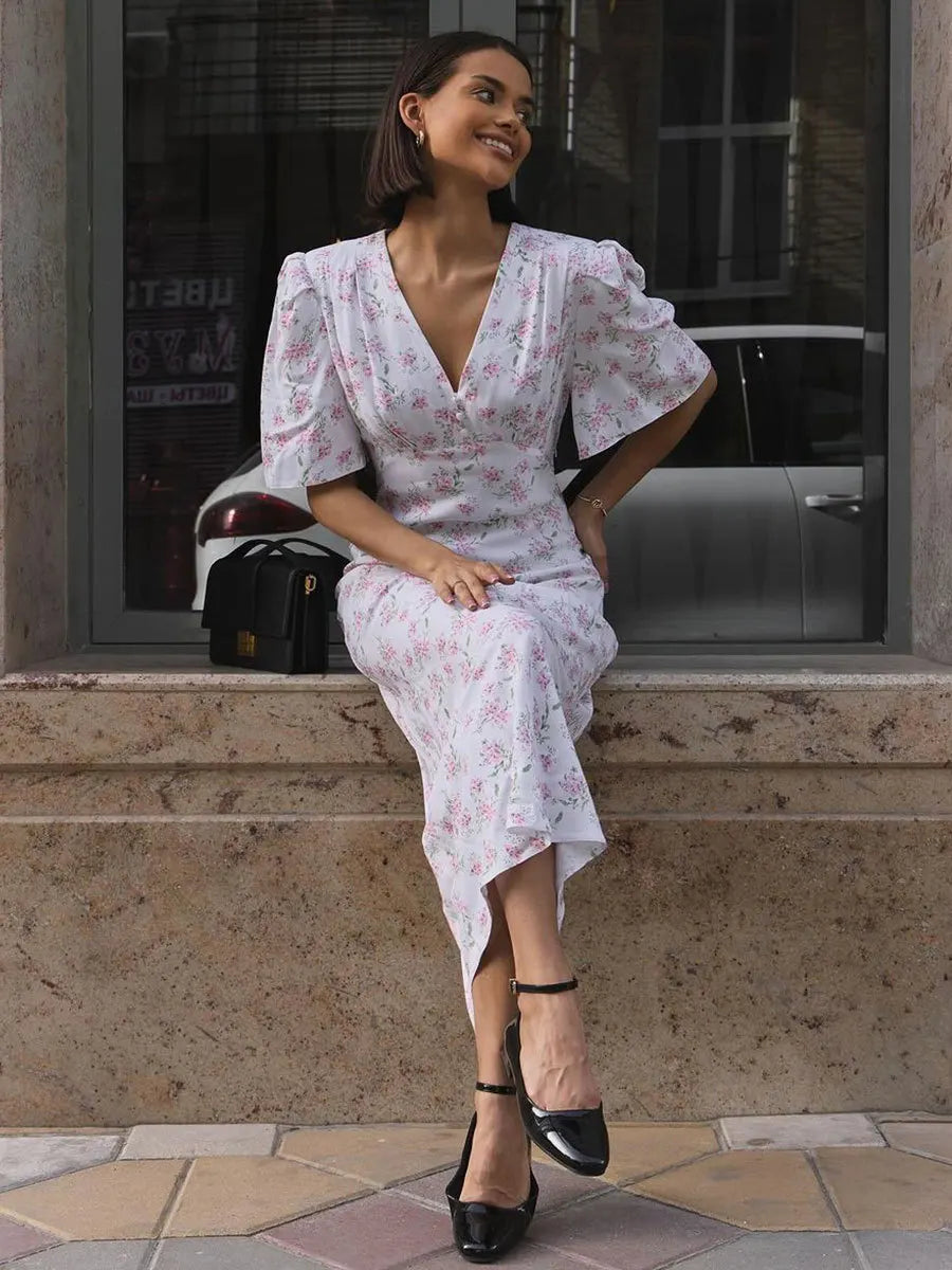 New Summer Women's Printed Short Sleeved Long Dress,Casual Dress,Woman's Clothing,Floral Dresses,White Dresses