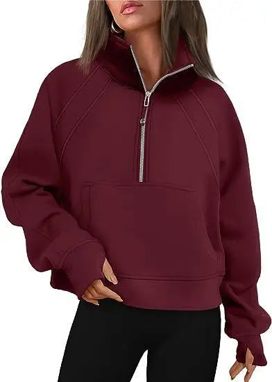 Women Sweatshirt  Stand Collar Spring Autumn Solid Color Hoodie Long Sleeve Pocket Loose Half Zip Sporty Pullover Streetwear Top