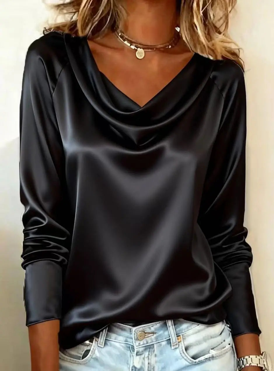  Women - Luxurious Draping Long Sleeve Silk-Like Top Chic Everyday & Office Wear