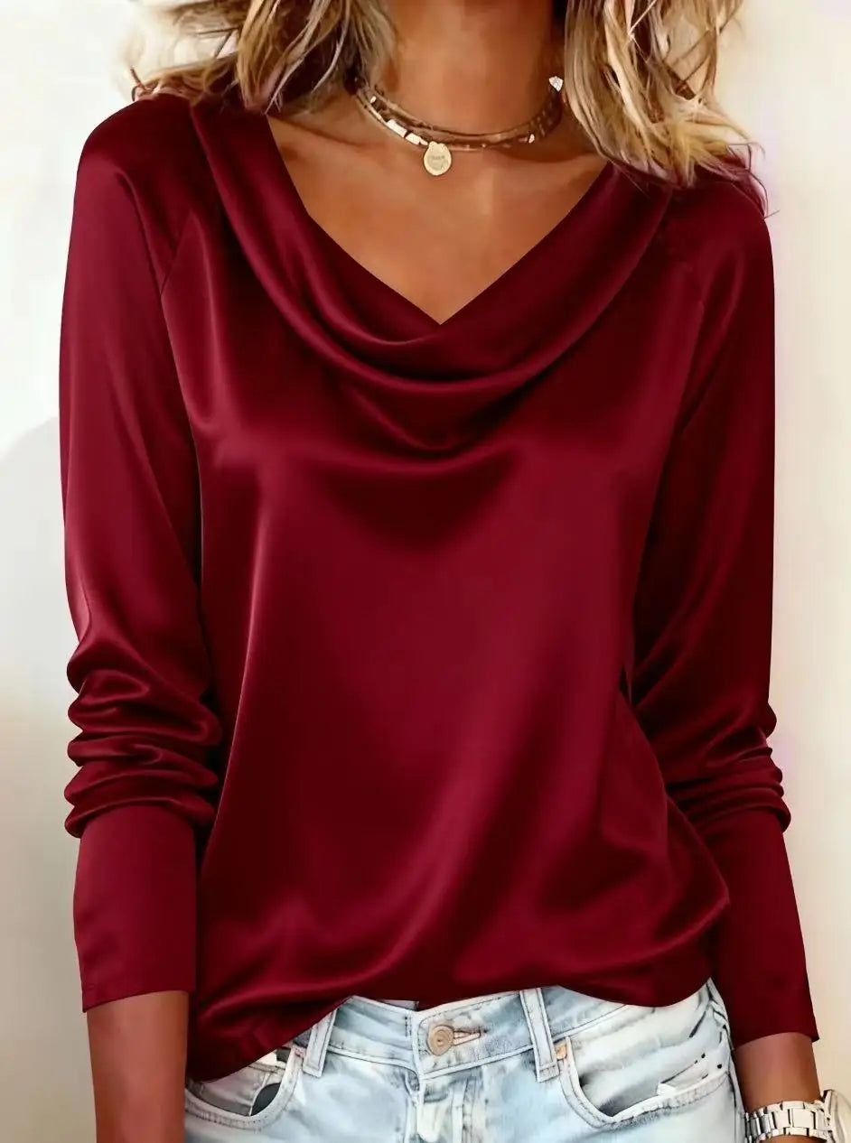  Women - Luxurious Draping Long Sleeve Silk-Like Top Chic Everyday & Office Wear