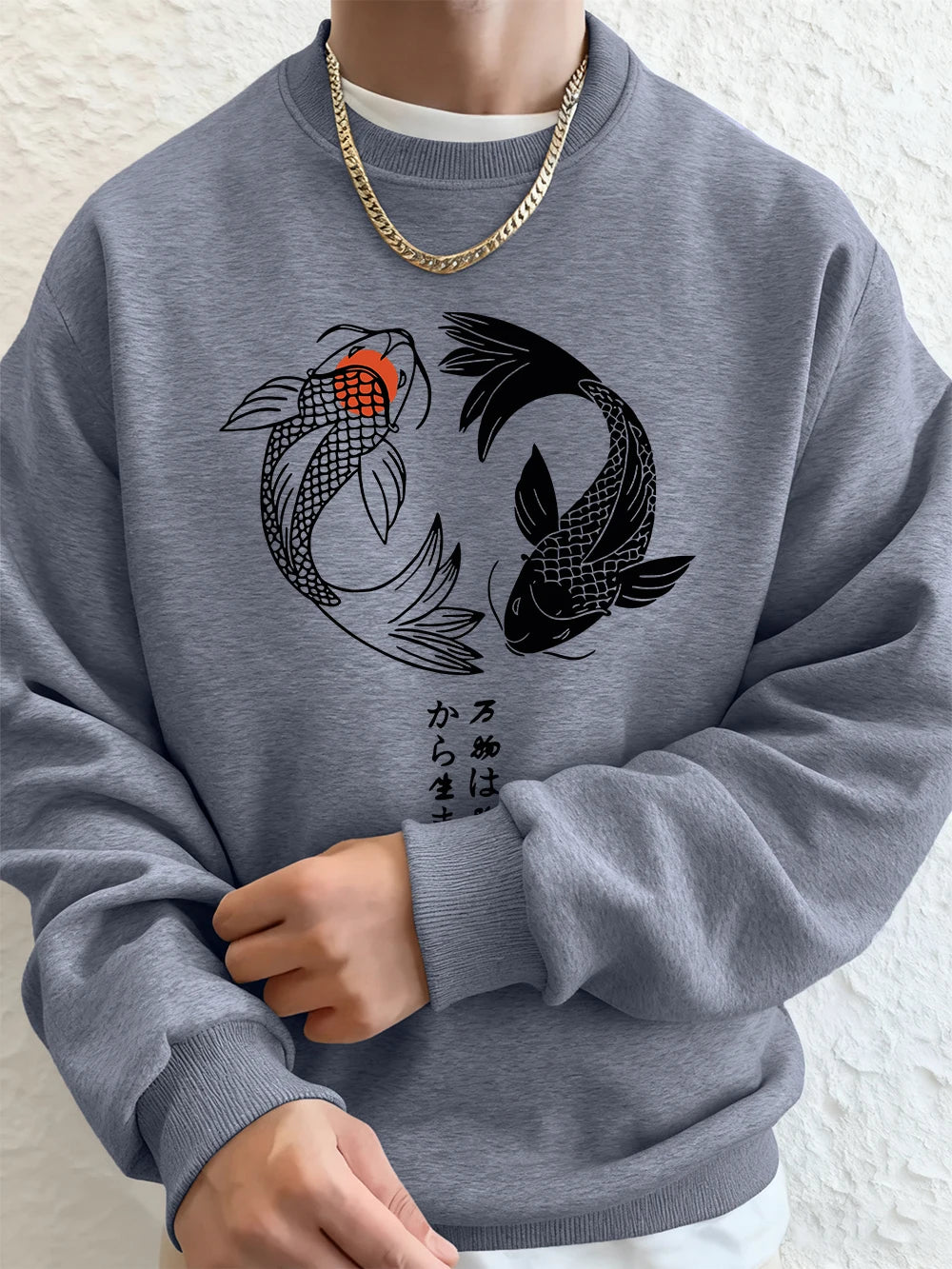 Japanese Koi Harajuku Printed Mens Sweatshirt Winter Crewneck Hoodies Street Fleece Warm Loose Streetwears Casual Men'S Clothes