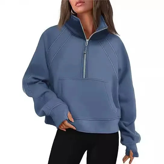 Women Sweatshirt  Stand Collar Spring Autumn Solid Color Hoodie Long Sleeve Pocket Loose Half Zip Sporty Pullover Streetwear Top