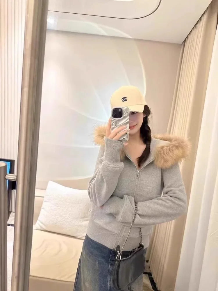 American Retro Fur Collar Hooded Zipper Sweatshirt Fashionable Street Sweatshirt Hoodie Harajuku Style Simple Hooded Sweatshirt