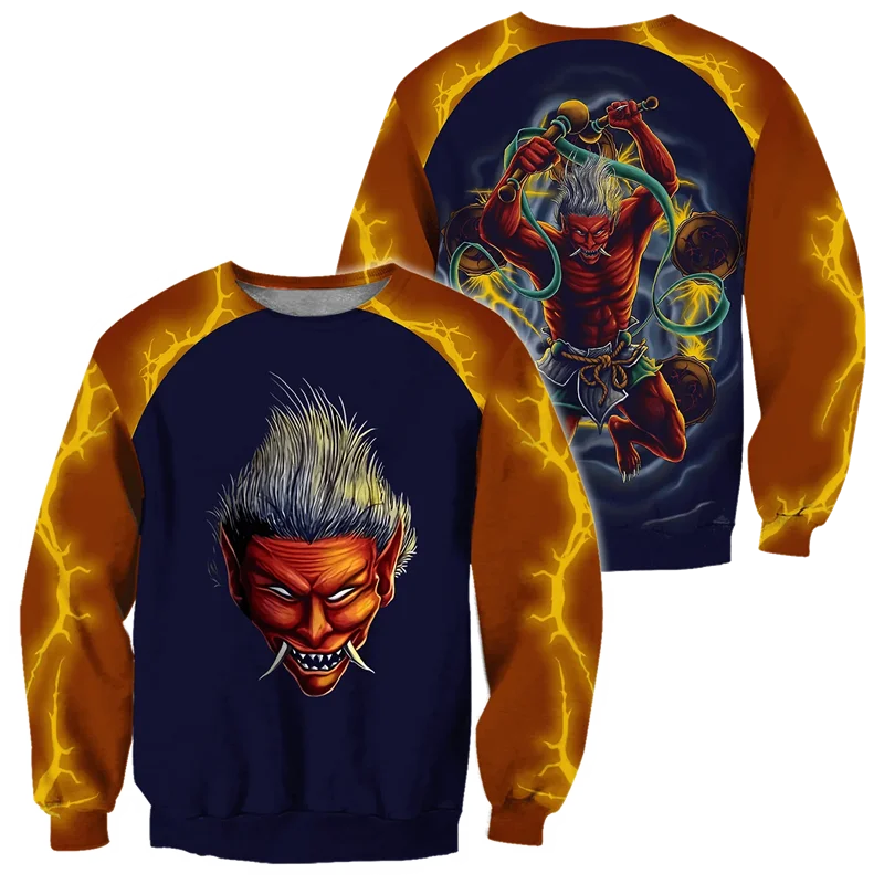 Japanese Mythology Mask Printed Sweatshirt Men's Clothes Harajuku Street Pullover Top 3D Printed Mysterious Culture Sweatshirts