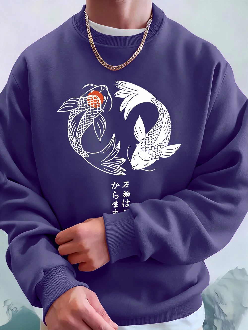 Japanese Koi Harajuku Printed Mens Sweatshirt Winter Crewneck Hoodies Street Fleece Warm Loose Streetwears Casual Men'S Clothes
