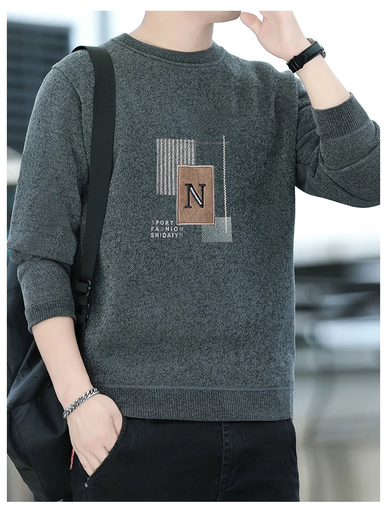 Mens Fashion Sweater Thick Fleeced Top Clothes Casual Pullovers  Jumpers Autumn Winter Men's Clothes