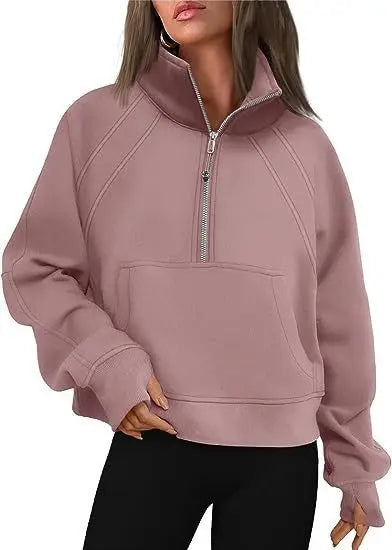 Women Sweatshirt  Stand Collar Spring Autumn Solid Color Hoodie Long Sleeve Pocket Loose Half Zip Sporty Pullover Streetwear Top