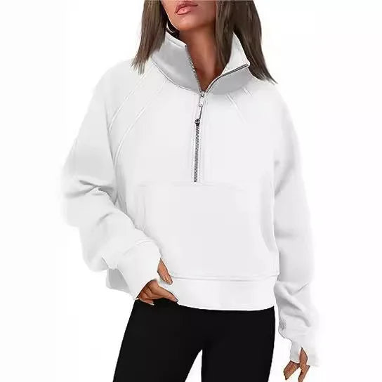 Women Sweatshirt  Stand Collar Spring Autumn Solid Color Hoodie Long Sleeve Pocket Loose Half Zip Sporty Pullover Streetwear Top
