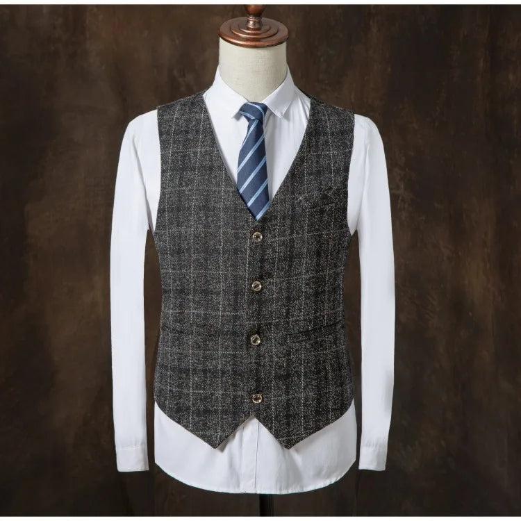 Formal Groom Wear 3 Piece (Blazer+ Vest + Pants) Men's Suit Fashion Business Gentleman Wedding Casual Plaid Cotton Linen Jacket