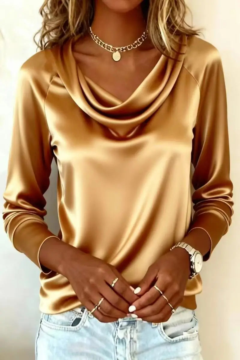  Women - Luxurious Draping Long Sleeve Silk-Like Top Chic Everyday & Office Wear