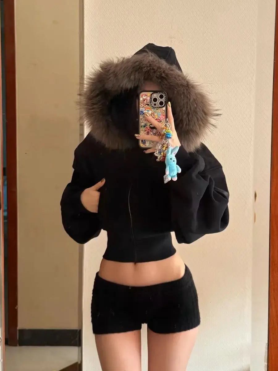 Black Fur Collar Zipper Sweatshirt Simple Fashion Furry Collar Zipper Hooded Sweatshirt Vintage Y2k Zipper Hooded Sweatshirt