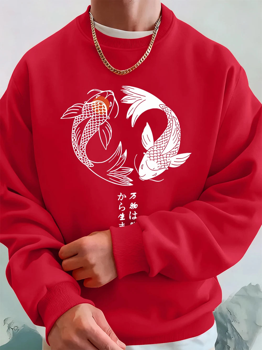 Japanese Koi Harajuku Printed Mens Sweatshirt Winter Crewneck Hoodies Street Fleece Warm Loose Streetwears Casual Men'S Clothes