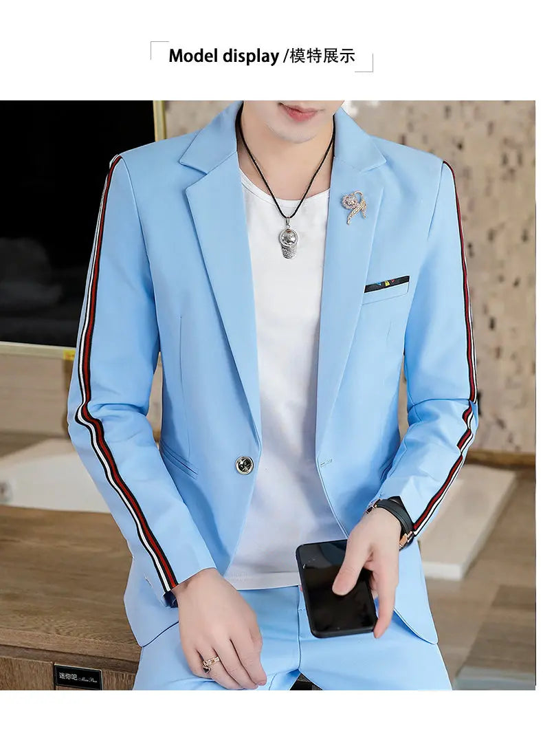 Suit  (Blazer+Pants) Men's Fashionable Checked Travel Gentleman Wedding Fitted Business Trend Casual Korean-style Formal Wear