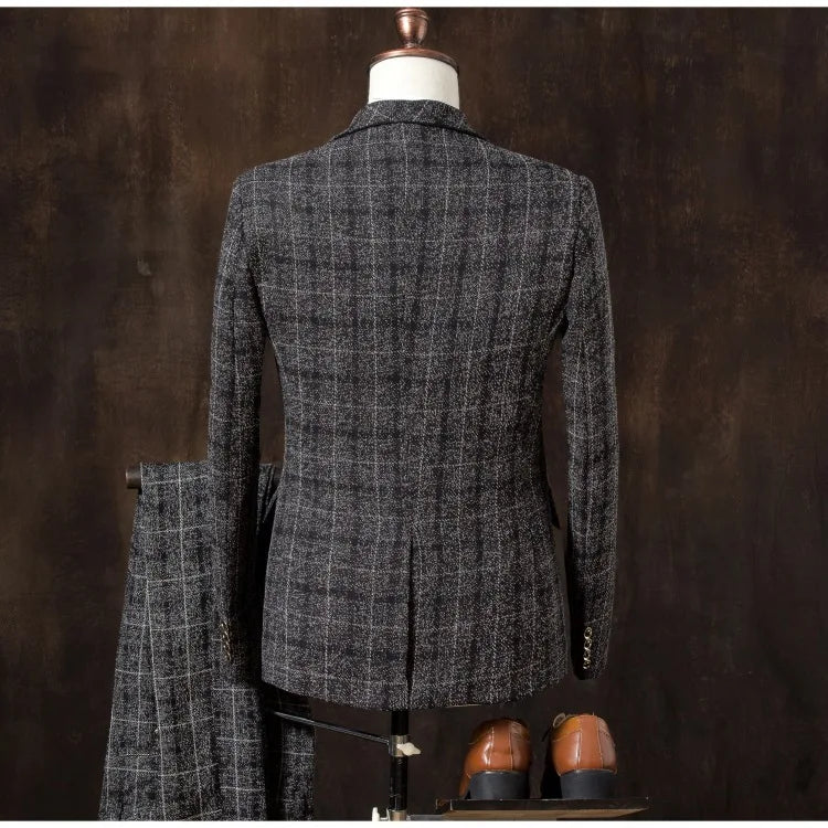 Formal Groom Wear 3 Piece (Blazer+ Vest + Pants) Men's Suit Fashion Business Gentleman Wedding Casual Plaid Cotton Linen Jacket