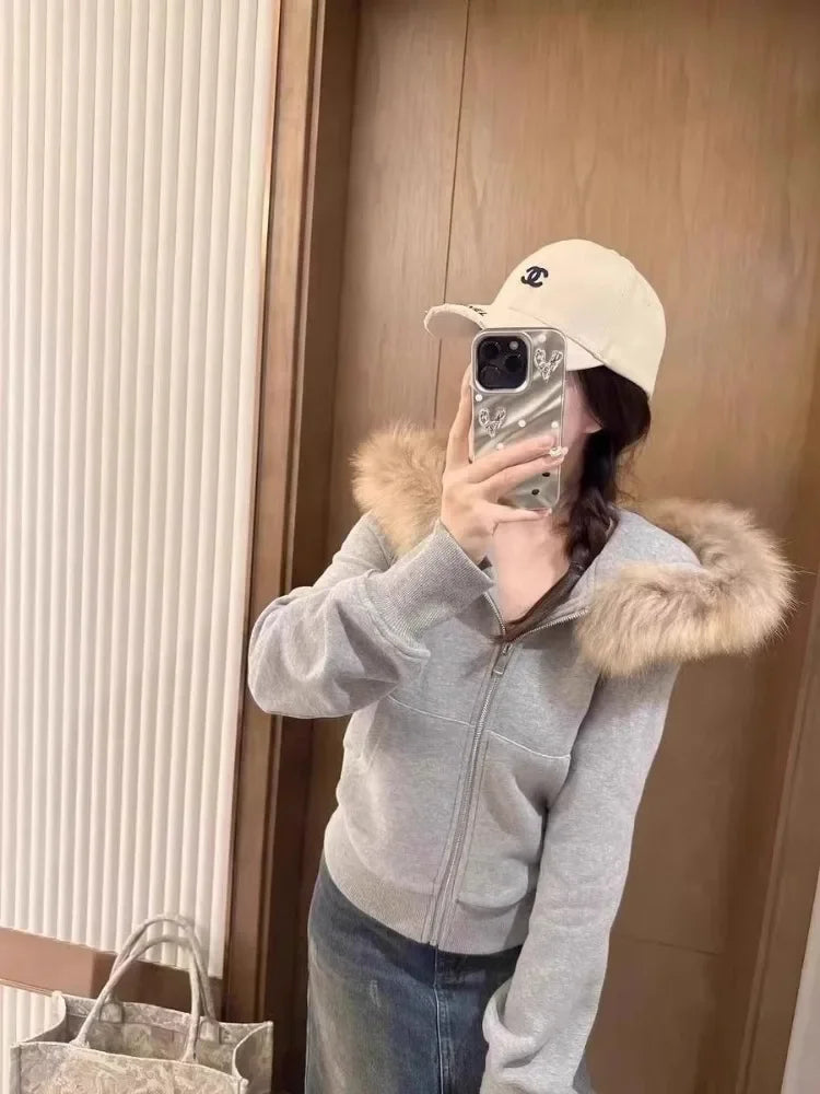 American Retro Fur Collar Hooded Zipper Sweatshirt Fashionable Street Sweatshirt Hoodie Harajuku Style Simple Hooded Sweatshirt