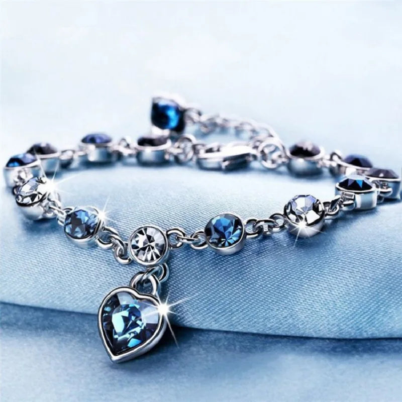 Fashion Heart of Ocean Pendant Bracelets New Shiny Blue Crystal Love  Bracelet for Women Valentine's Day Jewelry Wholesale