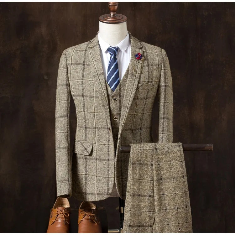 Formal Groom Wear 3 Piece (Blazer+ Vest + Pants) Men's Suit Fashion Business Gentleman Wedding Casual Plaid Cotton Linen Jacket